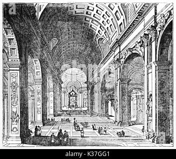 Awesome central perspective view of Saint Peter basilica interior Rome. Old Illustration by unidentified author published on Magasin Pittoresque Paris 1834 Stock Photo