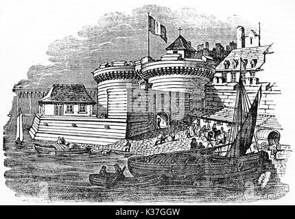 Ancient port activity in Saint-Malo (ramparts and the Grande-Porte) Brittany France. Old Illustration by unidentified author published on Magasin Pittoresque Paris 1834 Stock Photo