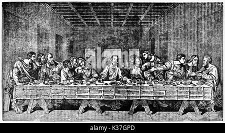 Reproduction of The Last Supper, topical moment of the New Testament with Jesus at the center surrounded by his disciples. After Leonardo da Vinci published on Magasin Pittoresque Paris 1834 Stock Photo
