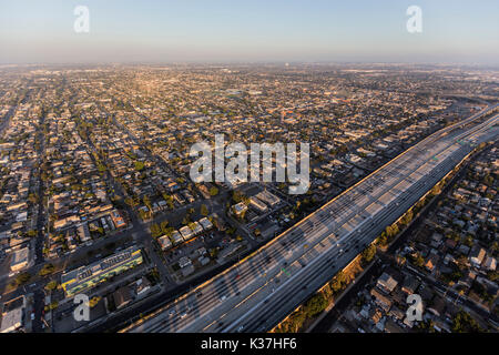 Afternoon aerial of the Harbor 110 freeway in South Los Angeles. Stock Photo