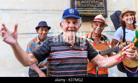 Havana street musicians, typical Cuban band play salsa, rumba, and Afro-Cuban jazz in Habana Vieja, Havana Cuba Stock Photo