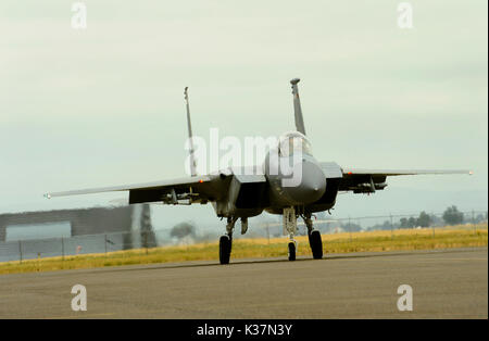 An F-15C Eagle, assigned to the 142nd Fighter Wing, Oregon Air National Guard taxis along the flightline. Stock Photo