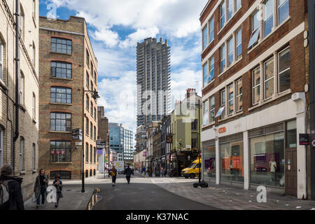 View of Cromwell Tower, Barbican Estate from Whitecross Street, London, UK Stock Photo