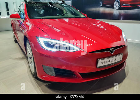 Malmo, Sweden - July 26, 2017: Presentation of the new Tesla Model S in Emporia Shopping Center. The Tesla Model S is an electric luxury liftback prod Stock Photo