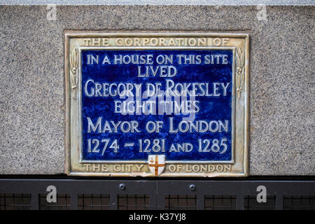 UK - AUGUST 25TH 2017: A blue plaque marking the location where Eight Times Mayor of London Gregory De Rokesley lived on Lombard Street in London, UK. Stock Photo