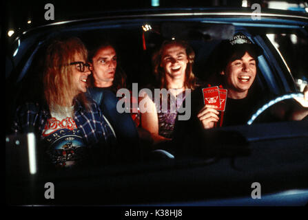 WAYNE'S WORLD 2 [US 1993]  DANA HARVEY [Garth], DAN BELL [Neil],  LEE TERGESEN [Terry], MIKE MYERS [Wayne]     Date: 1993 Stock Photo