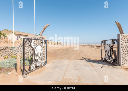 SKELETON COAST NATIONAL PARK, NAMIBIA - JUNE 28, 2017: The Ugabmund Gate of the Skeleton Coast National Park of Namibia Stock Photo