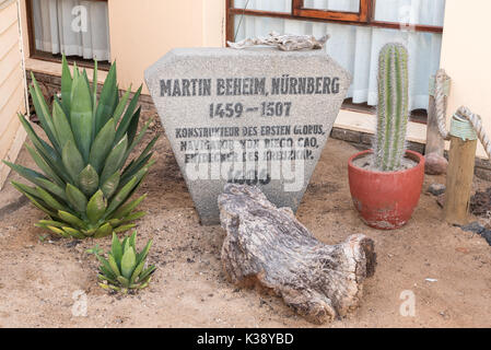 CAPE CROSS, NAMIBIA - JUNE 28, 2017: A memorial stone at Cape Cross Lodge in the Dorob National Park of Namibia Stock Photo