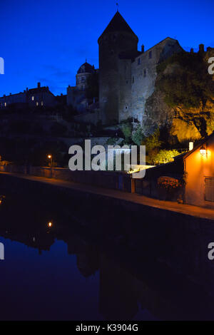 Twilight along the Armacon river at the medieval downtown, Semur-en-Auxois FR Stock Photo