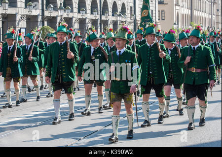 Oktoberfest in Munich is the biggest beer and folk festival in the world. The public opening parade takes place with 9000 participants Stock Photo