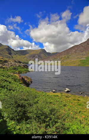Llyn Ogwen and the Glyderau Mountains of Y Garn and Foel Goch and the Carneddau Mountain of Pen yr Ole Wen, Snowdonia National Park, North Wales, UK. Stock Photo