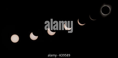 A composite photo showing a  total eclipse as seen from Madras, Oregon on August 21, 2017. Photo by Francis Specker Stock Photo