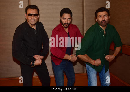 Indian film actors Bobby Deol, Shreyas Talpade and Sunny Deol pose during the promotion of their upcoming film 'Poster Boys'at hotel JW Marriott, Juhu in Mumbai (PHoto by Azhar Khan/Pacific Press) Stock Photo