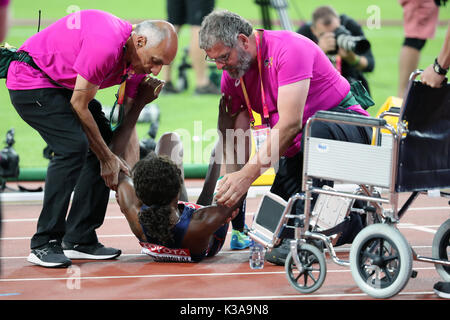 Antoinette NANA DJIMOU IDA (France) exhausted after competing the Heptathlon 800m Heat 2 at the 2017, IAAF World Championships, Queen Elizabeth Olympic Park, Stratford, London, UK. Stock Photo