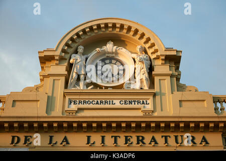 Clock tower on House of Peruvian Literature (formerly Railway Station), Historic centre of Lima (World Heritage Site), Peru, South America Stock Photo