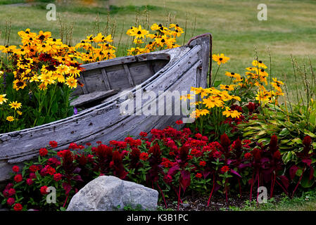 Old small sea fishing boat turned into a feature for plants in a