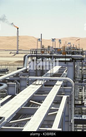 The Saudi Aramco Shaybah Gas Oil Separation Plant (GOSP), a major gas and oil production facility located in the empty quarter desert of Saudi Arabia, near the border of the UAE. Stock Photo