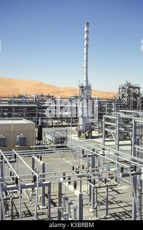 The Saudi Aramco Shaybah Gas Oil Separation Plant (GOSP), a major gas and oil production facility located in the empty quarter desert of Saudi Arabia, near the border of the UAE. Stock Photo