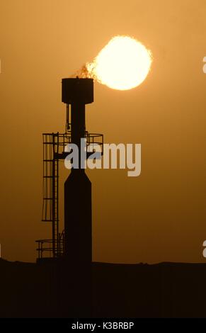 The Saudi Aramco Shaybah Gas Oil Separation Plant (GOSP), a major gas and oil production facility located in the empty quarter desert of Saudi Arabia, near the border of the UAE. Stock Photo