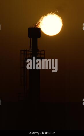 The Saudi Aramco Shaybah Gas Oil Separation Plant (GOSP), a major gas and oil production facility located in the empty quarter desert of Saudi Arabia, near the border of the UAE. Stock Photo