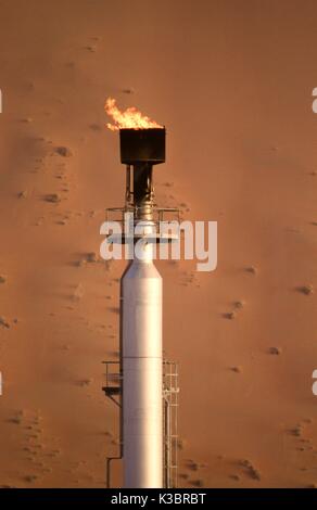 The Saudi Aramco Shaybah Gas Oil Separation Plant (GOSP), a major gas and oil production facility located in the empty quarter desert of Saudi Arabia, near the border of the UAE. Stock Photo