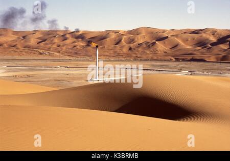 The Saudi Aramco Shaybah Gas Oil Separation Plant (GOSP), a major gas and oil production facility located in the empty quarter desert of Saudi Arabia, near the border of the UAE. Stock Photo