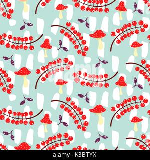 Red currant and amanita on blue seamless vector pattern. Stock Vector