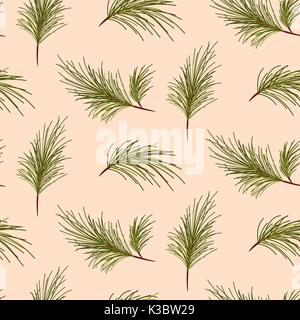Pine tree branches on pale pink background pattern. Stock Vector