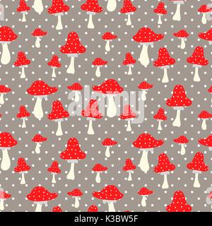 Amanita seamless vector pattern. Poison cartoon mushroom pattern. Stock Vector