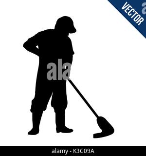 Man silhouette mopping the wet floor on white background, vector illustration Stock Vector