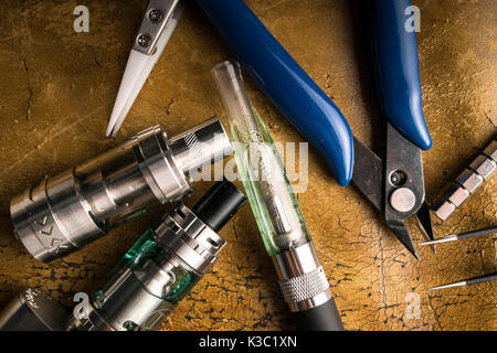 electronic cigarette, e cigarette, e cig, with accessories and equipment  tools for vaping devices Stock Photo