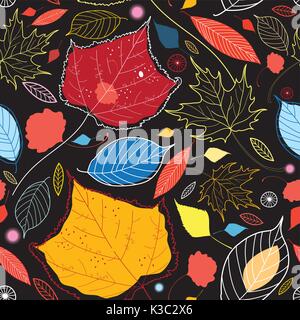 Seamless autumn pattern leaves different on a dark background Stock Vector