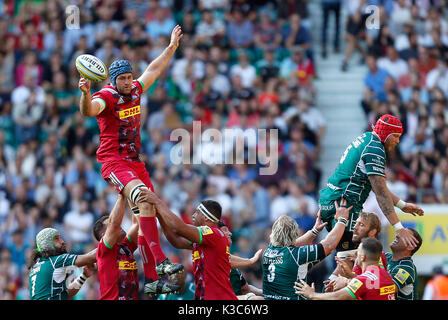 Harlequin's James Horwill wins a lineout during the Aviva Premiership match at Twickenham Stadium, London. Stock Photo