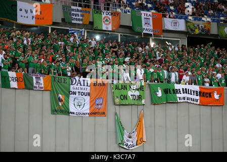 Republic of Ireland fans in the stands show their support during the 2018 FIFA World Cup Qualifying, Group D match at the Boris Paichadze Stadium, Tbilisi. PRESS ASSOCIATION Photo. Picture date: Saturday September 2, 2017. See PA story SOCCER Georgia. Photo credit should read: Steven Paston/PA Wire. RESTRICTIONS: Editorial use only, No commercial use without prior permission Stock Photo