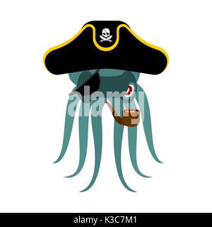 Octopus pirate. poulpe buccaneer. Eye patch and smoking pipe. pirates cap. Bones and Skull. See animal filibuster Stock Vector