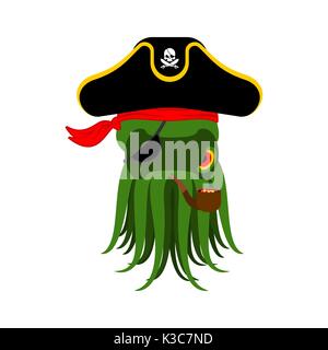 Octopus pirate. poulpe buccaneer. Eye patch and smoking pipe. pirates cap. Bones and Skull. See animal filibuster Stock Vector
