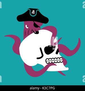Octopus pirate and skull. poulpe buccaneer and skeleton head. Eye patch and smoking pipe. pirates cap. Bones and See animal filibuster Stock Vector