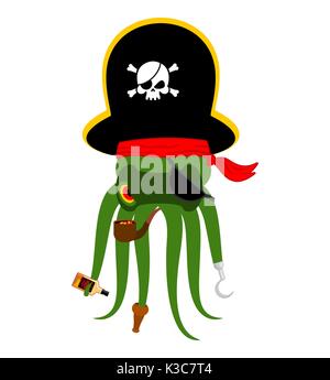 Octopus pirate. poulpe buccaneer. Eye patch and smoking pipe. pirates cap. Bones and Skull. See animal filibuster Stock Vector