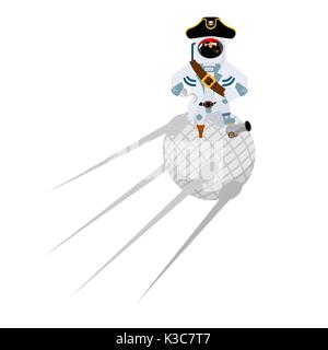 Space pirate on satellite. filibuster spaceman. buccaneer Cosmonaut in protective suit. rover astronaut in helmet. Eye patch and smoking pipe. pirates Stock Vector