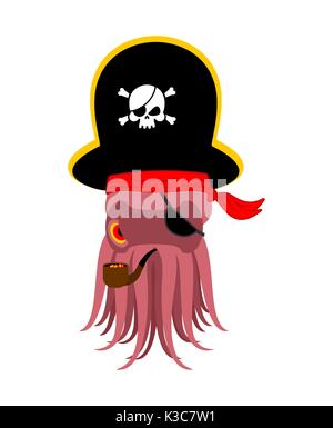 Octopus pirate. poulpe buccaneer. Eye patch and smoking pipe. pirates cap. Bones and Skull. See animal filibuster Stock Vector