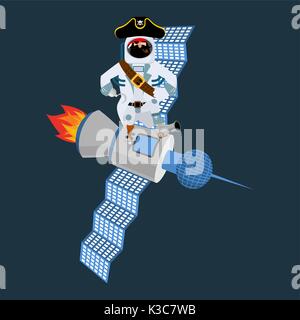 Space pirate on satellite. filibuster spaceman. buccaneer Cosmonaut in protective suit. rover astronaut in helmet. Eye patch and smoking pipe. pirates Stock Vector
