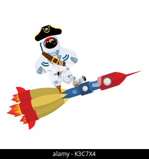 Space pirate on rocket. filibuster spaceman. buccaneer Cosmonaut in protective suit. rover astronaut in helmet. Eye patch and smoking pipe. pirates ca Stock Vector