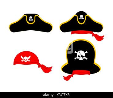 Pirates cap set. Hat buccaneer. Bones and skull. Corsair Accessory Stock Vector