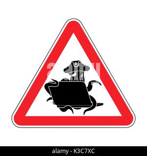 Attention Web pirate Octopus and laptop. Caution sign poulpe internet hacker and PC. Prohibiting devilfish buccaneer and computer. Eye patch and smoki Stock Vector