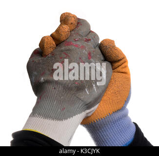 Isolated workers hands shaking hands and wearing gloves. Stock Photo