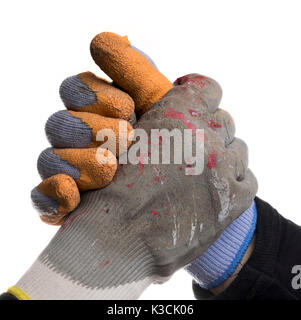 Isolated workers hands shaking hands and wearing gloves. Stock Photo
