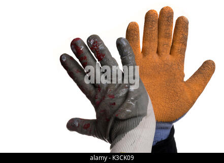Isolated workers hands shaking hands and wearing gloves. Stock Photo