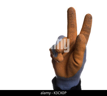 Isolated workers hands shaking hands and wearing gloves. Stock Photo