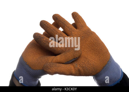 Isolated workers hands shaking hands and wearing gloves. Stock Photo
