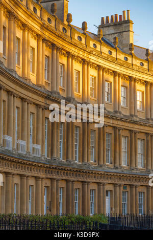 Circus Bath UK, detail of The Circus, a set of three curved Georgian terraced buildings that form a complete circlular space in the city of Bath UK. Stock Photo